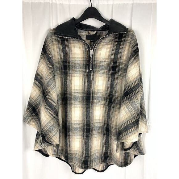 Blank NYC Checked Out Plaid Poncho Cape Jacket Quarter Zip Vegan Leather Collar - Picture 1 of 12